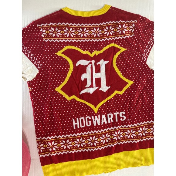 Harry Potter Hogwarts Houses Christmas Cardigan Sweater Red & Yellow Crest Large - Picture 7 of 8